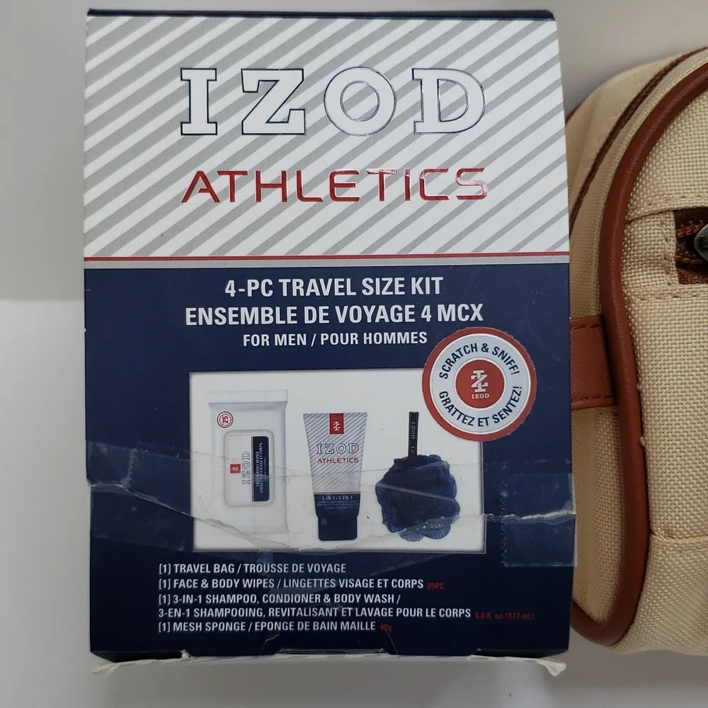 IZOD TRAVE TOILETRY BAG, INCLUDES BODY WASH, WET NAPKINS, BODY SCRUB